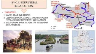 • TRANSPORT-
1. MAJOR COACHING CENTER
2. LEEDS-LIVERPOOL CANAL & AIRE AND CALDER
NAVIGATION LINKED TO BOTH COSTAL AREAS
3. WAGGONWAY BUILT IN 1758 TO TRANSPORT
COAL TO LEEDS
18th C.E. INDUSTRIAL
REVOLUTION
 