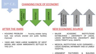 NEW ECONOMIC SOURCE
• MAJOR ACADEMIC INSTITUTIONS
ESTABLISHED – UNIVERSITY OF LEEDS,
LEEDS METROPOLITAN UNIVERSITY AND
LEEDS TRINITY & ALL SAINTS
• MEDICAL INSTITUTIONS ALSO EXPANDED –
LEEDS GENERAL INFIRMARY AND ST.JAMES’
HOSPITAL
• ARMAMENT FACTORIES & BUILDING
20th C.E. CHANGING FACE OF ECONOMY
MANUFACT
URING
DISTRIBUTIVE
&SERVICE
INDUSTRY
PRINTING
CLOTHING
TEXTILE
LEATHER
AFTER THE WARS
• HOUSING PROBLEM - housing estates being
built, new schools erected and public facilities
improved
• 1950S AND 1960S LARGE NUMBERS OF WEST
INDIAN AND ASIAN IMMIGRANTS SETTLED IN
THE CITY.
 