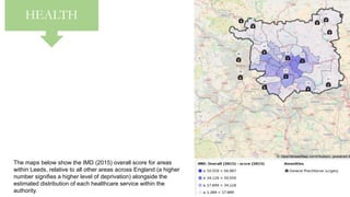 The maps below show the IMD (2015) overall score for areas
within Leeds, relative to all other areas across England (a higher
number signifies a higher level of deprivation) alongside the
estimated distribution of each healthcare service within the
authority.
HEALTH
 