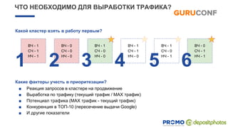 ВЧ - 1
СЧ - 1
НЧ - 1
ВЧ - 0
СЧ - 0
НЧ - 0
ВЧ - 1
СЧ - 0
НЧ - 0
ВЧ - 1
СЧ - 1
НЧ - 0
ВЧ - 1
СЧ - 0
НЧ - 1
ВЧ - 0
СЧ - 1
НЧ - 1
Какие факторы учесть в приоритезации?
■ Реакция запросов в кластере на продвижение
■ Выработка по трафику (текущий трафик / MAX трафик)
■ Потенциал трафика (MAX трафик - текущий трафик)
■ Конкуренция в ТОП-10 (пересечение выдачи Google)
■ И другие показатели
ЧТО НЕОБХОДИМО ДЛЯ ВЫРАБОТКИ ТРАФИКА?
Какой кластер взять в работу первым?
1 2 3 4 5 6
 