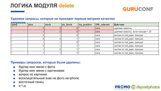 ЛОГИКА МОДУЛЯ delete
Примеры запросов, которые были удалены:
■ бургер кинг меню с фото
■ бургер кинг меню с картинками
■ вопрос по картинке
■ восклицательный знак на фото на iphone
■ восточный танец
■ и т.д.
Удаляем запросы, которые не проходят первые метрики качества
запросов.
 