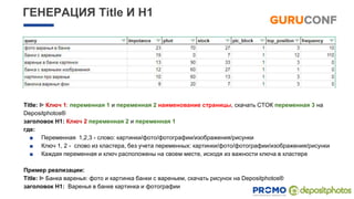 ГЕНЕРАЦИЯ Title И Н1
Title: ᐈ Ключ 1: переменная 1 и переменная 2 наименование страницы, скачать СТОК переменная 3 на
Depositphotos®
заголовок Н1: Ключ 2 переменная 2 и переменная 1
где:
■ Переменная 1,2,3 - слово: картинки/фото/фотографии/изображения/рисунки
■ Ключ 1, 2 - слово из кластера, без учета переменных: картинки/фото/фотографии/изображения/рисунки
■ Каждая переменная и ключ расположены на своем месте, исходя из важности ключа в кластере
Пример реализации:
Title: ᐈ Банка варенья: фото и картинка банки с вареньем, скачать рисунок на Depositphotos®
заголовок Н1: Варенья в банке картинка и фотографии
 