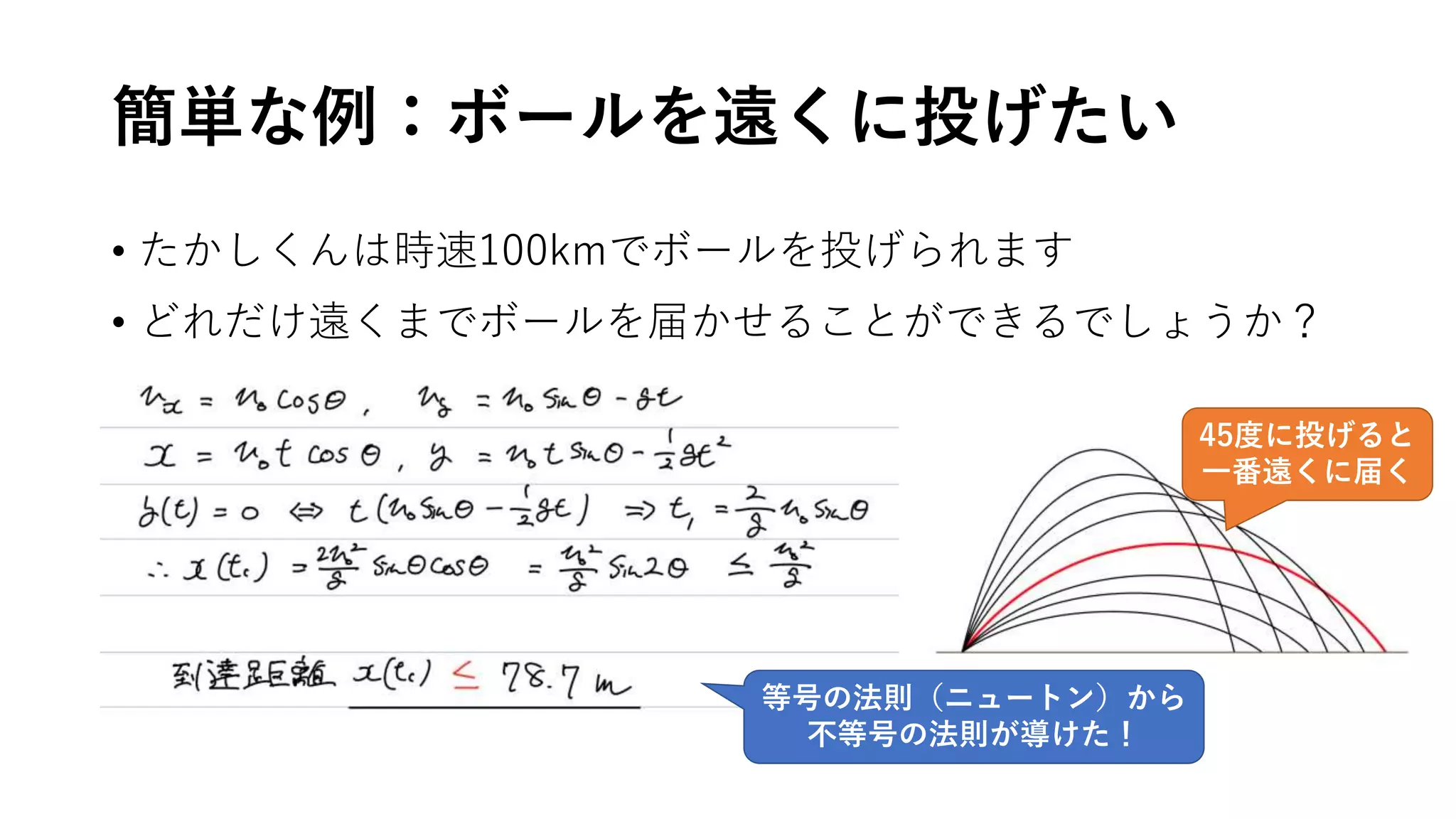 簡単な例：ボールを遠くに投げたい
• たかしくんは時速100kmでボールを投げられます
• どれだけ遠くまでボールを届かせることができるでしょうか？
45度に投げると
一番遠くに届く
等号の法則（ニュートン）から
不等号の法則が導けた！
 