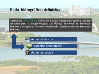 Bacia hidrográfica: definições
A partir da Lei 9.433/97, definiu-se a bacia hidrográfica como a unidade
territorial para a implementação da Política Nacional de Recursos
Hídricos e atuação do Sistema Nacional de Gerenciamento de Recursos
Hídricos.
Aspectos físicos
Aspectos econômicos
Aspectos sociais
 