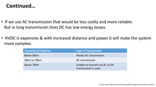 Transmission distance Type of Transmission
Below 50km Mostly AC transmission
50km to 70km DC transmission
Above 70km Unable to transmit via AC so DC
transmission is used.
• If we use AC transmission that would be less costly and more reliable.
But in long transmission lines DC has low energy losses.
• HVDC is expensive & with increased distance and power it will make the system
more complex.
Source:-https://www.electronicshub.org/high-voltage-dc-transmission-system/
Continued…
 