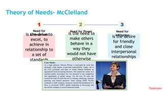Theory of Needs- McClelland
Forerunn
1
Need for
Achievement
2
Need for Power
3
Need for
Affiliationis the drive to
excel, to
achieve in
relationship to
a set of
standards
is the need to
make others
behave in a
way they
would not have
otherwise
is the desire
for friendly
and close
interpersonal
relationships
Case Study:
As a high achiever, Patricia Woertz is motivated by work that
demands a high degree of personal responsibility. Today, she is
the CEO, president, and chair of Archer Daniels Midland, an
agricultural food processing business. She started her career as a
certified public accountant but was attracted to the complexity
and opportunity of global energy. For the next 30 years she
worked for Gulf Oil and Chevron in refining, marketing, strategic
planning, and finance positions. Since joining ADM, Woertz
continues to shift company resources toward fuel production in a
drive to accelerate ADM’s global leadership in bio-energy and
has led the company to record financial results.
 