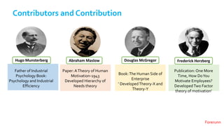 Hugo Munsterberg
Father of Industrial
Psychology Book:
Psychology and Industrial
Efficiency
Abraham Maslow
Paper: ATheory of Human
Motivation-1943
Developed Hierarchy of
Needs theory
Douglas McGregor
Book:The Human Side of
Enterprise
’ DevelopedTheory-X and
Theory-Y
Frederick Herzberg
Publication: One More
Time, How DoYou
Motivate Employees?
DevelopedTwo Factor
theory of motivation’
Contributors and Contribution
Forerunn
 
