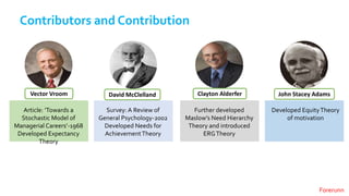 Vector Vroom
Article: ‘Towards a
Stochastic Model of
Managerial Careers’-1968
Developed Expectancy
Theory
David McClelland
Survey: A Review of
General Psychology-2002
Developed Needs for
AchievementTheory
Clayton Alderfer
Further developed
Maslow’s Need Hierarchy
Theory and introduced
ERGTheory
John Stacey Adams
Developed EquityTheory
of motivation
Contributors and Contribution
Forerunn
 
