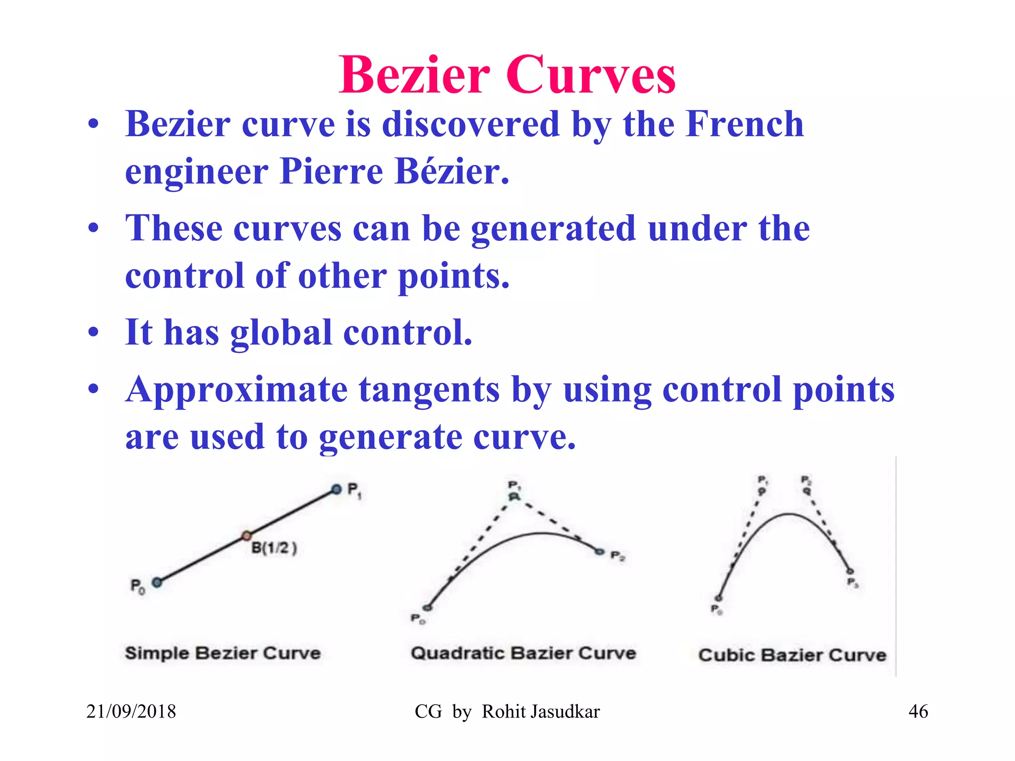 Bezier Curves
• Bezier curve is discovered by the French
engineer Pierre Bézier.
• These curves can be generated under the
control of other points.
• It has global control.
• Approximate tangents by using control points
are used to generate curve.
21/09/2018 CG by Rohit Jasudkar 46
 