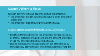 Oxygen Delivery toTissue
Oxygen delivery to tissue depends on two major factors:
• the amount of oxygen tissue takes out of a given amount of
blood, and
• the amount of blood flowing through the tissue.
Arterial venous oxygen difference (a-v O2 difference )
• It is the difference between the amount of oxygen in 100 mL
of arterial blood entering a tissue and the amount of oxygen
in 100 mL of venous blood leaving a tissue.
• During exercise, more oxygen is taken out of the blood by
metabolically active muscle, which increases the a-v O2 diff
 