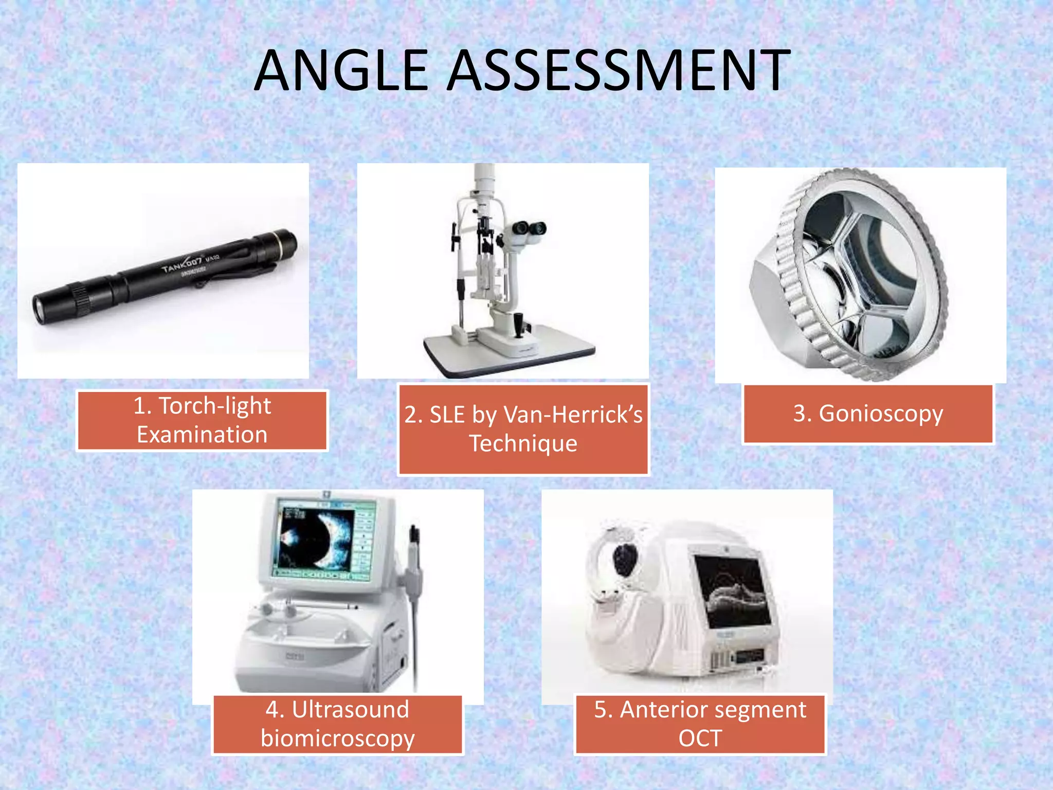ANGLE ASSESSMENT
1. Torch-light
Examination
2. SLE by Van-Herrick’s
Technique
3. Gonioscopy
4. Ultrasound
biomicroscopy
5. Anterior segment
OCT
 