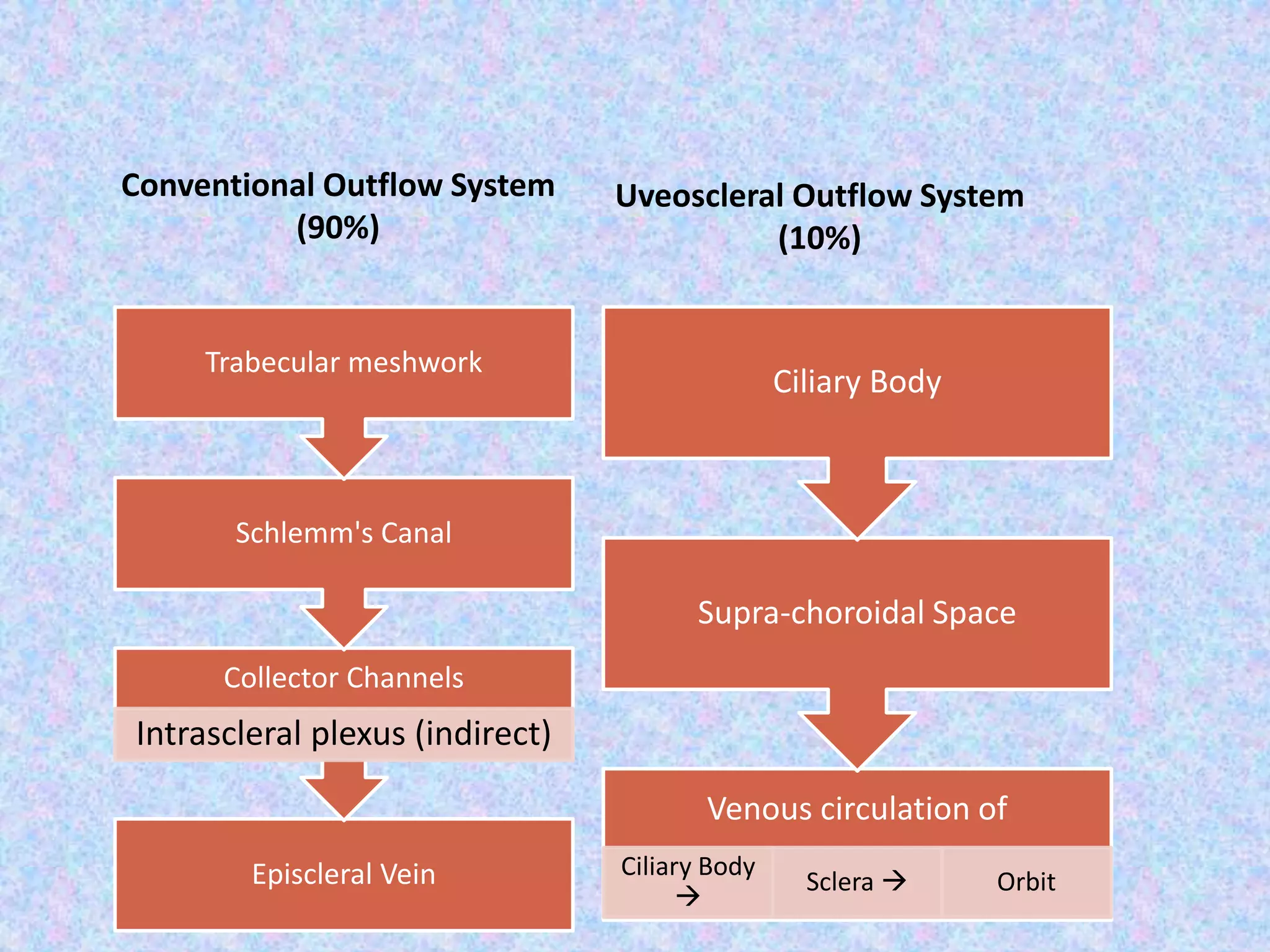 Conventional Outflow System
(90%)
Episcleral Vein
Collector Channels
Intrascleral plexus (indirect)
Schlemm's Canal
Trabecular meshwork
Uveoscleral Outflow System
(10%)
Venous circulation of
Ciliary Body

Sclera  Orbit
Supra-choroidal Space
Ciliary Body
 