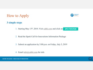 17
How to Apply
3 simple steps
1. Starting May 13th, 2019, Visit cabhi.com and click on
2. Read the Spark Call for Innovat...