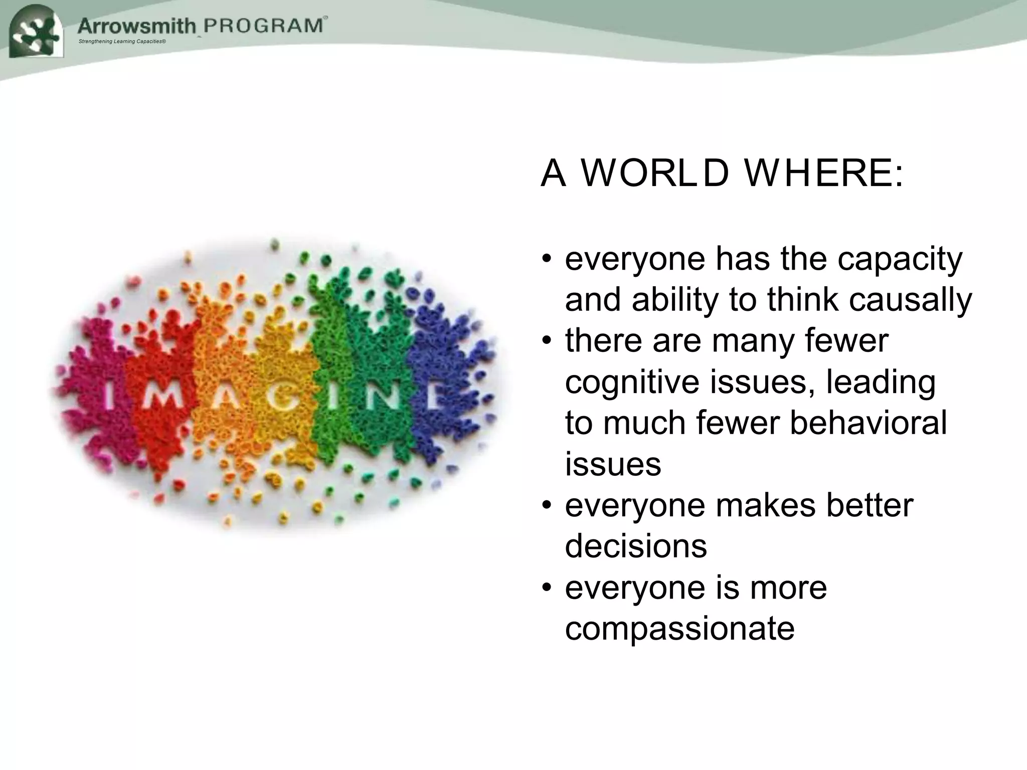 Strengthening Learning Capacities®
A WORLD WHERE:
• everyone has the capacity
and ability to think causally
• there are many fewer
cognitive issues, leading
to much fewer behavioral
issues
• everyone makes better
decisions
• everyone is more
compassionate
 