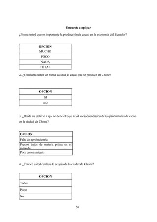 50
Encuesta a aplicar
¿Piensa usted que es importante la producción de cacao en la economía del Ecuador?
OPCION
MUCHO
POCO
NADA
TOTAL
2. ¿Considera usted de buena calidad el cacao que se produce en Chone?
OPCION
SI
NO
3. ¿Desde su criterio a que se debe el bajo nivel socioeconómico de los productores de cacao
en la ciudad de Chone?
OPCION
Falta de agroindustria
Precios bajos de materia prima en el
mercado
Poco conocimiento
4. ¿Conoce usted centros de acopio de la ciudad de Chone?
OPCION
Todos
Pocos
No
 
