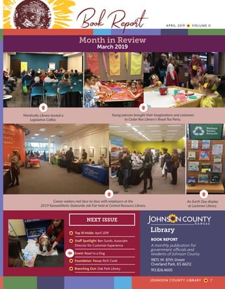 April 2019 Johnson County Library monthly newsletter, "Book Report"