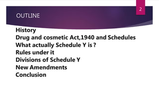 OUTLINE
History
Drug and cosmetic Act,1940 and Schedules
What actually Schedule Y is ?
Rules under it
Divisions of Schedule Y
New Amendments
Conclusion
2
 