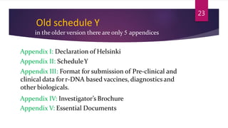 Old schedule Y
in the older version there are only 5 appendices
Appendix I: Declaration of Helsinki
Appendix II: ScheduleY
Appendix III: Format for submission of Pre-clinical and
clinical data for r-DNA based vaccines, diagnostics and
other biologicals.
Appendix IV: Investigator’s Brochure
Appendix V: Essential Documents
23
 