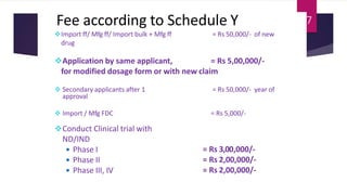 Fee according to Schedule Y
Import ff/ Mfg ff/ Import bulk + Mfg ff = Rs 50,000/- of new
drug
Application by same applicant, = Rs 5,00,000/-
for modified dosage form or with new claim
 Secondary applicants after 1 = Rs 50,000/- year of
approval
 Import / Mfg FDC = Rs 5,000/-
Conduct Clinical trial with
ND/IND
 Phase I
 Phase II
 Phase III, IV
= Rs 3,00,000/-
= Rs 2,00,000/-
= Rs 2,00,000/-
27
 