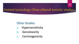 Animal toxicology (Non-clinical toxicity studies)
Other Studies
a. Hypersensitivity
b. Genotoxicity
c. Carcinogenicity
30
 