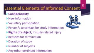 Essential Elements of Informed Consent
Confidentiality
New information
Voluntary participation
Person/s to contact for study information
Rights of subject, if study related injury
Reasons for termination
Duration of study
Number of subjects
Any other pertinent information
33
 
