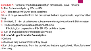 Schedule A- Forms for marketing application for licenses, issue renewal
B- Fee for test/analysis by CDL or SDL
C/C1- talk about I/M/S/D of sera, vaccines
D-List of drugs exempted from the provisions that are applicable to import of other
drug
E- Omitted , E1- list of poisonous substance under Ayurveda,Unani,Sidha system
F- Production/testing/storage/packaging/labeling
F1-biological preparations F2- SD F3- umbilical tapes
G- List of drug used under medical supervision
H- List of drug sold under Prescription
I-Omitted
J-Diseases may not cure/prevent by drugs
K-List of drugs exempted from the provisions that are applicable to Manufacture of
other drug
7
 