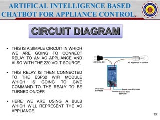 ARTIFICAL INTELLIGENCE BASED
CHATBOT FOR APPLIANCE CONTROL.
13
• THIS IS A SIMPLE CIRCUIT IN WHICH
WE ARE GOING TO CONNECT
RELAY TO AN AC APPLIANCE AND
ALSO WITH THE 220 VOLT SOURCE.
• THIS RELAY IS THEN CONNECTED
TO THE ESP32 WIFI MODULE
WHICH IS GOING TO GIVE
COMMAND TO THE REALY TO BE
TURNED ON/OFF.
• HERE WE ARE USING A BULB
WHICH WILL REPRESENT THE AC
APPLIANCE.
 