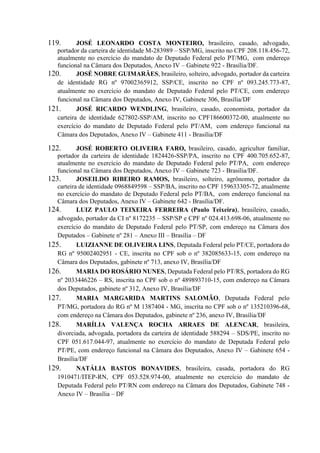 119. JOSÉ LEONARDO COSTA MONTEIRO, brasileiro, casado, advogado,
portador da carteira de identidade M-283989 – SSP/MG, inscrito no CPF 208.118.456-72,
atualmente no exercício do mandato de Deputado Federal pelo PT/MG, com endereço
funcional na Câmara dos Deputados, Anexo IV – Gabinete 922 - Brasília/DF.
120. JOSÉ NOBRE GUIMARÃES, brasileiro, solteiro, advogado, portador da carteira
de identidade RG nº 97002365912, SSP/CE, inscrito no CPF nº 093.245.773-87,
atualmente no exercício do mandato de Deputado Federal pelo PT/CE, com endereço
funcional na Câmara dos Deputados, Anexo IV, Gabinete 306, Brasília/DF
121. JOSÉ RICARDO WENDLING, brasileiro, casado, economista, portador da
carteira de identidade 627802-SSP/AM, inscrito no CPF186600372-00, atualmente no
exercício do mandato de Deputado Federal pelo PT/AM, com endereço funcional na
Câmara dos Deputados, Anexo IV – Gabinete 411 - Brasília/DF
122. JOSÉ ROBERTO OLIVEIRA FARO, brasileiro, casado, agricultor familiar,
portador da carteira de identidade 1824426-SSP/PA, inscrito no CPF 400.705.652-87,
atualmente no exercício do mandato de Deputado Federal pelo PT/PA, com endereço
funcional na Câmara dos Deputados, Anexo IV – Gabinete 723 - Brasília/DF.
123. JOSEILDO RIBEIRO RAMOS, brasileiro, solteiro, agrônomo, portador da
carteira de identidade 0968849598 – SSP/BA, inscrito no CPF 159633305-72, atualmente
no exercício do mandato de Deputado Federal pelo PT/BA, com endereço funcional na
Câmara dos Deputados, Anexo IV – Gabinete 642 - Brasília/DF.
124. LUIZ PAULO TEIXEIRA FERREIRA (Paulo Teixeira), brasileiro, casado,
advogado, portador da CI nº 8172235 – SSP/SP e CPF nº 024.413.698-06, atualmente no
exercício do mandato de Deputado Federal pelo PT/SP, com endereço na Câmara dos
Deputados – Gabinete nº 281 – Anexo III – Brasília – DF
125. LUIZIANNE DE OLIVEIRA LINS, Deputada Federal pelo PT/CE, portadora do
RG nº 95002402951 - CE, inscrita no CPF sob o nº 382085633-15, com endereço na
Câmara dos Deputados, gabinete nº 713, anexo IV, Brasília/DF
126. MARIA DO ROSÁRIO NUNES, Deputada Federal pelo PT/RS, portadora do RG
nº 2033446226 – RS, inscrita no CPF sob o nº 489893710-15, com endereço na Câmara
dos Deputados, gabinete nº 312, Anexo IV, Brasília/DF
127. MARIA MARGARIDA MARTINS SALOMÃO, Deputada Federal pelo
PT/MG, portadora do RG nº M 1387404 - MG, inscrita no CPF sob o nº 135210396-68,
com endereço na Câmara dos Deputados, gabinete nº 236, anexo IV, Brasília/DF
128. MARÍLIA VALENÇA ROCHA ARRAES DE ALENCAR, brasileira,
divorciada, advogada, portadora da carteira de identidade 588294 – SDS/PE, inscrito no
CPF 051.617.044-97, atualmente no exercício do mandato de Deputada Federal pelo
PT/PE, com endereço funcional na Câmara dos Deputados, Anexo IV – Gabinete 654 -
Brasília/DF
129. NATÁLIA BASTOS BONAVIDES, brasileira, casada, portadora do RG
1910471/ITEP-RN, CPF 053.528.974-00, atualmente no exercício do mandato de
Deputada Federal pelo PT/RN com endereço na Câmara dos Deputados, Gabinete 748 -
Anexo IV – Brasília – DF
 