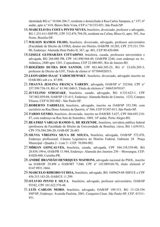 identidade RG n.º 10.846.206-7, residente e domiciliado à Rua Carlos Sampaio, n.º 157, 6º
andar, apto n.º 618, Bairro Bela Vista, CEP n.º 01333-021, São Paulo/SP.
16.MARCELO DA COSTA PINTO NEVES, brasileiro, divorciado, professor e advogado,
RG 1.231.611-SSP/PE, CPF 312.476.794-20, residente na Colina, Bloco G, apto. 303, Asa
Norte, Brasília-DF.
17.WILSON RAMOS FILHO, brasileiro, divorciado, advogado, professor universitário
(Faculdade de Direito da UFRJ), doutor em Direito, OAB/PR 10.285, CPF 275.531.759-
00, Endereço: Alameda Dom Pedro II, 367, ap. 401, CEP 80.420-060.
18.GISELE GUIMARÃES CITTADINO, brasileira, casada, professora universitária e
advogada, RG 266.080 PB, CPF 161.890.944-49, OAB/PB 2244, com endereço na Av.
Atlântica, 2440 apto 1201, Copacabana, CEP 22.040-001, Rio de Janeiro-RJ.
19.ROGÉRIO DUTRA DOS SANTOS, CPF 883.460.305-25, RG n° 33.656.205-3,
professor de Direito da UFF, Título de eleitor n° 077094920515.
20.LEONARDO ISAAC YAROCHEWSKY, brasileiro, divorciado, advogado inscrito na
OAB-MG sob o n. 47.898.
21.THAYNÁ JESUINA FRANÇA YAREDY, advogada, OAB/SP n° 352366, CPF n°
357.599.738-19, RG n° 41.941.040-5, Título de eleitora n° 348653470167.
22.JUVELINO STROZAKE, brasileiro, casado, advogado, RG 4.333.623-1, CPF
747.882.059-04, OAB/SP 131.613, Endereço: Alameda Barão de Limeira, 1232, Campos
Elíseos, CEP 01202-002 - São Paulo-SP.
23.ROBERTO TARDELLI, brasileiro, advogado, inscrito na OAB/SP 353.390, com
escritório na Rua Dona Antonia de Queirós, nº 504, CEP 01307-013, São Paulo-SP.
24.TARSO GENRO, brasileiro, divorciado, inscrito na OAB/RS 5.627, CPF 044.693.210-
87, com endereço na Rua Sete de Setembro, 1069, 14º andar, Porto Alegre-RS.
25.BEATRIZ VARGAS RAMOS G. DE REZENDE, brasileira, servidora pública federal
(professora da Faculdade de Direito da Universidade de Brasília), viúva, RG 1.639.911,
CPF 576.584.206-20, OAB-DF 26.483.
26.SILVIA VIRGINIA SILVA DE SOUZA, brasileira, advogada, OAB/SP 372.470,
Endereço profissional: Câmara Legislativa do Distrito Federal, Gabinete 24 Praça
Municipal - Quadra 2 - Lote 5 - CEP: 70.094-902.
27.MÍRIAN GONÇALVES, brasileira, casada, advogada, CPF 544.158.539-00, RG
20.858.199-6, OAB/PR 11.944, Endereço: Alameda dos Jasmins 250 – Mossungue, CEP:
81020-490, Curitiba-PR.
28.ANDRÉ BRANDÃO HENRIQUES MAIMONI, advogado nacional do PSOL, inscrito
na OAB/DF 29.498 e OAB/MT 7.040, CPF nº 143.889168-70, título eleitoral nº
0147.9931.1864.
29.MARCELO RIBEIRO UCHOA, brasileiro, advogado, RG 1689629-88 SSP/CE e CPF
456.315.143-20, OAB/CE 11.299.
30.OTAVIO PINTO E SILVA, brasileiro, advogado, professor universitário, OAB/SP
93542, CPF 101.622.578-48.
31.LUÍS CARLOS MORO, brasileiro, advogado, OAB/SP 109.315, RG 13.128.556
SSP/SP, Endereço: Avenida Paulista, 2001, Cerqueira César, São Paulo-SP, CEP. 01311-
931.
 