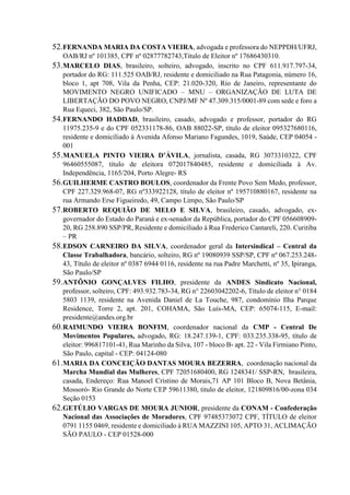 52.FERNANDA MARIA DA COSTA VIEIRA, advogada e professora do NEPPDH/UFRJ,
OAB/RJ nº 101385, CPF nº 02877782743,Título de Eleitor nº 17686430310.
53.MARCELO DIAS, brasileiro, solteiro, advogado, inscrito no CPF 611.917.797-34,
portador do RG: 111.525 OAB/RJ, residente e domiciliado na Rua Patagonia, número 16,
bloco 1, apt 708, Vila da Penha, CEP: 21.020-320, Rio de Janeiro, representante do
MOVIMENTO NEGRO UNIFICADO – MNU – ORGANIZAÇÃO DE LUTA DE
LIBERTAÇÃO DO POVO NEGRO, CNPJ/MF Nº 47.309.315/0001-89 com sede e foro a
Rua Equeci, 382, São Paulo/SP.
54.FERNANDO HADDAD, brasileiro, casado, advogado e professor, portador do RG
11975.235-9 e do CPF 052331178-86, OAB 88022-SP, título de eleitor 095327680116,
residente e domiciliado à Avenida Afonso Mariano Fagundes, 1019, Saúde, CEP 04054 -
001
55.MANUELA PINTO VIEIRA D’ÁVILA, jornalista, casada, RG 3073310322, CPF
96460555087, título de eleitora 072017840485, residente e domiciliada à Av.
Independência, 1165/204, Porto Alegre- RS
56.GUILHERME CASTRO BOULOS, coordenador da Frente Povo Sem Medo, professor,
CPF 227.329.968-07, RG nº333922128, título de eleitor nº 195710880167, residente na
rua Armando Erse Figueiredo, 49, Campo Limpo, São Paulo/SP
57.ROBERTO REQUIÃO DE MELO E SILVA, brasileiro, casado, advogado, ex-
governador do Estado do Paraná e ex-senador da República, portador do CPF 056608909-
20, RG 258.890 SSP/PR, Residente e domiciliado à Rua Frederico Cantareli, 220. Curitiba
– PR
58.EDSON CARNEIRO DA SILVA, coordenador geral da Intersindical – Central da
Classe Trabalhadora, bancário, solteiro, RG nº 19080939 SSP/SP, CPF nº 067.253.248-
43, Título de eleitor nº 0387 6944 0116, residente na rua Padre Marchetti, nº 35, Ipiranga,
São Paulo/SP
59.ANTÔNIO GONÇALVES FILHO, presidente da ANDES Sindicato Nacional,
professor, solteiro, CPF: 493.932.783-34, RG n° 22603042202-6, Título de eleitor n° 0184
5803 1139, residente na Avenida Daniel de La Touche, 987, condomínio Ilha Parque
Residence, Torre 2, apt. 201, COHAMA, São Luís-MA, CEP: 65074-115, E-mail:
presidente@andes.org.br
60.RAIMUNDO VIEIRA BONFIM, coordenador nacional da CMP - Central De
Movimentos Populares, advogado, RG: 18.247.139-1, CPF: 033.235.338-95, título de
eleitor: 996817101-41, Rua Marinho da Silva, 107 - bloco B- apt. 22 - Vila Firmiano Pinto,
São Paulo, capital - CEP: 04124-080
61.MARIA DA CONCEIÇÃO DANTAS MOURA BEZERRA, coordenação nacional da
Marcha Mundial das Mulheres, CPF 72051680400, RG 1248341/ SSP-RN, brasileira,
casada, Endereço: Rua Manoel Cristino de Morais,71 AP 101 Bloco B, Nova Betânia,
Mossoró- Rio Grande do Norte CEP 59611380, titulo de eleitor, 121809816/00-zona 034
Seção 0153
62.GETÚLIO VARGAS DE MOURA JUNIOR, presidente da CONAM - Confederação
Nacional das Associações de Moradores, CPF 97485373072 CPF, TÍTULO de eleitor
0791 1155 0469, residente e domiciliado à RUA MAZZINI 105, APTO 31, ACLIMAÇÃO
SÃO PAULO - CEP 01528-000
 
