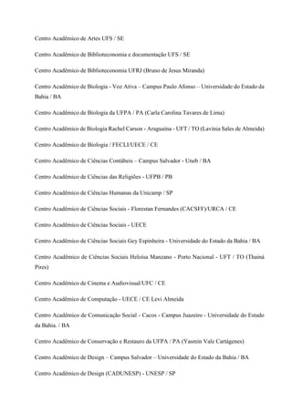 Centro Acadêmico de Artes UFS / SE
Centro Acadêmico de Biblioteconomia e documentação UFS / SE
Centro Acadêmico de Biblioteconomia UFRJ (Bruno de Jesus Miranda)
Centro Acadêmico de Biologia - Voz Ativa – Campus Paulo Afonso – Universidade do Estado da
Bahia / BA
Centro Acadêmico de Biologia da UFPA / PA (Carla Carolina Tavares de Lima)
Centro Acadêmico de Biologia Rachel Carson - Araguaína - UFT / TO (Lavínia Sales de Almeida)
Centro Acadêmico de Biologia / FECLI/UECE / CE
Centro Acadêmico de Ciências Contábeis – Campus Salvador - Uneb / BA
Centro Acadêmico de Ciências das Religiões - UFPB / PB
Centro Acadêmico de Ciências Humanas da Unicamp / SP
Centro Acadêmico de Ciências Sociais - Florestan Fernandes (CACSFF)/URCA / CE
Centro Acadêmico de Ciências Sociais - UECE
Centro Acadêmico de Ciências Sociais Gey Espinheira - Universidade do Estado da Bahia / BA
Centro Acadêmico de Ciências Sociais Heloísa Manzano - Porto Nacional - UFT / TO (Thainá
Pires)
Centro Acadêmico de Cinema e Audiovisual/UFC / CE
Centro Acadêmico de Computação - UECE / CE Levi Almeida
Centro Acadêmico de Comunicação Social - Cacos - Campus Juazeiro - Universidade do Estado
da Bahia. / BA
Centro Acadêmico de Conservação e Restauro da UFPA / PA (Yasmin Vale Cartágenes)
Centro Acadêmico de Design – Campus Salvador – Universidade do Estado da Bahia / BA
Centro Acadêmico de Design (CADUNESP) - UNESP / SP
 
