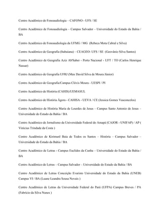 Centro Acadêmico de Fonoaudiologia – CAFONO - UFS / SE
Centro Acadêmico de Fonoaudiologia – Campus Salvador – Universidade do Estado da Bahia /
BA
Centro Acadêmico de Fonoaudiologia da UFMG / MG (Rebeca Mota Cabral e Silva)
Centro Acadêmico de Geografia (Itabaiana) – CEAGEO- UFS / SE (Geovânio Silva Santos)
Centro Acadêmico de Geografia Aziz Ab'Saber - Porto Nacional - UFT / TO (Carlos Henrique
Nassar)
Centro Acadêmico de Geografia UFRJ (Max David Silva de Moura Júnior)
Centro Acadêmico de Geografia/Campus Clóvis Moura - UESPI / PI
Centro Acadêmico de História (CAHIS)/UEMASUL
Centro Acadêmico de História Ágora - CAHISA - UEVA / CE (Jessica Gomes Vasconcelos)
Centro Acadêmico de História Maria de Lourdes de Jesus – Campus Santo Antonio de Jesus –
Universidade do Estado da Bahia / BA
Centro Acadêmico de Jornalismo da Universidade Federal do Amapá (CAJOR - UNIFAP) / AP (
Vinícius Trindade da Costa )
Centro Acadêmico de Kirimurê Baia de Todos os Santos – História – Campus Salvador –
Universidade do Estado da Bahia / BA
Centro Acadêmico de Letras - Campus Euclides da Cunha – Universidade do Estado da Bahia /
BA
Centro Acadêmico de Letras – Campus Salvador – Universidade do Estado da Bahia / BA
Centro Acadêmico de Letras Conceição Evaristo Universidade do Estado da Bahia (UNEB)
Campus VI / BA (Luane Leandra Sousa Novais )
Centro Acadêmico de Letras da Universidade Federal do Pará (UFPA) Campus Breves / PA
(Fabrício da Silva Nunes )
 
