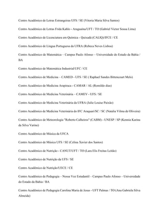 Centro Acadêmico de Letras Estrangeiras UFS / SE (Vitoria Maria Silva Santos)
Centro Acadêmico de Letras Frida Kahlo - Araguaína/UFT / TO (Gabriel Victor Sousa Lima)
Centro Acadêmico de Licenciatura em Química - Quixadá (CALIQ)/IFCE / CE
Centro Acadêmico de Língua Portuguesa da UFRA (Rebeca Neves Lisboa)
Centro Acadêmico de Matemática – Campus Paulo Afonso – Universidade do Estado da Bahia /
BA
Centro Acadêmico de Matemática Industrial/UFC / CE
Centro Acadêmico de Medicina – CAMED - UFS / SE ( Raphael Sandes Bittencourt Melo)
Centro Acadêmico de Medicina Arapiraca - CAMAR / AL (Romildo dias)
Centro Acadêmico de Medicina Veterinária – CAMEV - UFS / SE
Centro Acadêmico de Medicina Veterinária da UFRA (Julie Louise Paixão)
Centro Acadêmico de Medicina Veterinária do IFC Araquari/SC / SC (Natalia Vilma de Oliveira)
Centro Acadêmico de Meteorologia "Roberto Calheiros" (CABM) - UNESP / SP (Kennia Karina
da Silva Varine)
Centro Acadêmico de Música da UFCA
Centro Acadêmico de Música UFS / SE (Celina Xavier dos Santos)
Centro Acadêmico de Nutrição - CANUT/UFT / TO (Lara Elis Freitas Leitão)
Centro Acadêmico de Nutrição da UFS / SE
Centro Acadêmico de Nutrição/UECE / CE
Centro Acadêmico de Pedagogia – Nossa Voz Estudantil – Campus Paulo Afonso – Universidade
do Estado da Bahia / BA
Centro Acadêmico de Pedagogia Carolina Maria de Jesus - UFT Palmas / TO (Ana Gabriela Silva
Almeida)
 