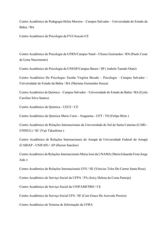 Centro Acadêmico de Pedagogia Helen Moreira – Campus Salvador – Universidade do Estado da
Bahia / BA
Centro Acadêmico de Psicologia da FVJ/Aracati-CE
Centro Acadêmico de Psicologia da UFRN/Campus Natal - Ulisses Guimarães / RN (Paulo Cesar
de Lima Nascimento)
Centro Acadêmico de Psicologia da UNESP/Campus Bauru / SP ( Isabela Tamaki Otani)
Centro Acadêmico De Psicologia- Gestão Virgínia Bicudo – Psicologia – Campus Salvador –
Universidade do Estado da Bahia / BA (Mariana Guimarães Souza)
Centro Acadêmico de Química – Campus Salvador – Universidade do Estado da Bahia / BA (Eysla
Caroline Silva Santos)
Centro Acadêmico de Química - UECE / CE
Centro Acadêmico de Química Marie Curie - Araguaína - UFT / TO (Felipe Brito )
Centro Acadêmico de Relações Internacionais da Universidade do Sul de Santa Catarina (CARI -
UNISUL) / SC (Yuji Takashima )
Centro Acadêmico de Relações Internacionais do Amapá da Universidade Federal do Amapá
(CARIAP - UNIFAP) / AP (Hector Sanches)
Centro Acadêmico de Relações Internacionais Maria José da UNAMA (Maria Eduarda Frota Jorge
João )
Centro Acadêmico de Relações Internacionais UFS / SE (Vinicius Teles Do Carmo Santa Rosa)
Centro Acadêmico de Serviço Social da UFPA / PA (Joicy Helena da Costa Pantoja)
Centro Acadêmico de Serviço Social da UNIFAMETRO / CE
Centro Acadêmico de Serviço Social UFS / SE (Caio Graco De Azevedo Pereira)
Centro Acadêmico de Sistema de Informação da UFRA
 