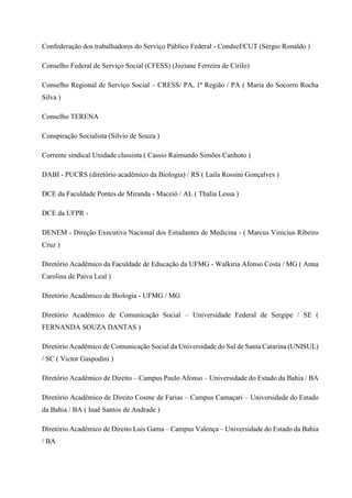 Confederação dos trabalhadores do Serviço Público Federal - Condsef/CUT (Sérgio Ronaldo )
Conselho Federal de Serviço Social (CFESS) (Joziane Ferreira de Cirilo)
Conselho Regional de Serviço Social – CRESS/ PA, 1ª Região / PA ( Maria do Socorro Rocha
Silva )
Conselho TERENA
Conspiração Socialista (Silvio de Souza )
Corrente sindical Unidade classista ( Cassio Raimundo Simões Canhoto )
DABI - PUCRS (diretório acadêmico da Biologia) / RS ( Laila Rossini Gonçalves )
DCE da Faculdade Pontes de Miranda - Maceió / AL ( Thalia Lessa )
DCE da UFPR -
DENEM - Direção Executiva Nacional dos Estudantes de Medicina - ( Marcus Vinícius Ribeiro
Cruz )
Diretório Acadêmico da Faculdade de Educação da UFMG - Walkiria Afonso Costa / MG ( Anna
Carolina de Paiva Leal )
Diretório Acadêmico de Biologia - UFMG / MG
Diretório Acadêmico de Comunicação Social – Universidade Federal de Sergipe / SE (
FERNANDA SOUZA DANTAS )
Diretório Acadêmico de Comunicação Social da Universidade do Sul de Santa Catarina (UNISUL)
/ SC ( Victor Gaspodini )
Diretório Acadêmico de Direito – Campus Paulo Afonso – Universidade do Estado da Bahia / BA
Diretório Acadêmico de Direito Cosme de Farias – Campus Camaçari – Universidade do Estado
da Bahia / BA ( Inaê Santos de Andrade )
Diretório Acadêmico de Direito Luis Gama – Campus Valença – Universidade do Estado da Bahia
/ BA
 