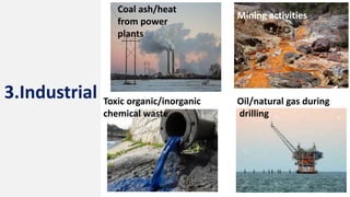3.Industrial
Coal ash/heat
from power
plants
Toxic organic/inorganic
chemical waste
Oil/natural gas during
drilling
Mining activities
 