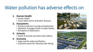 Water pollution has adverse effects on
1. Human Health
• Causes Death
• Cause water-borne and other diseases
2. Ecosystems
• Nutrient pollution causing eutrophication
• Depletion of oxygen levels in water bodies
• Disruption of food chains
3. Animals
• Death of animals and other toxic effects
4. Economy
• Huge cost for water purification
• Economic losses for industries like fishing
 