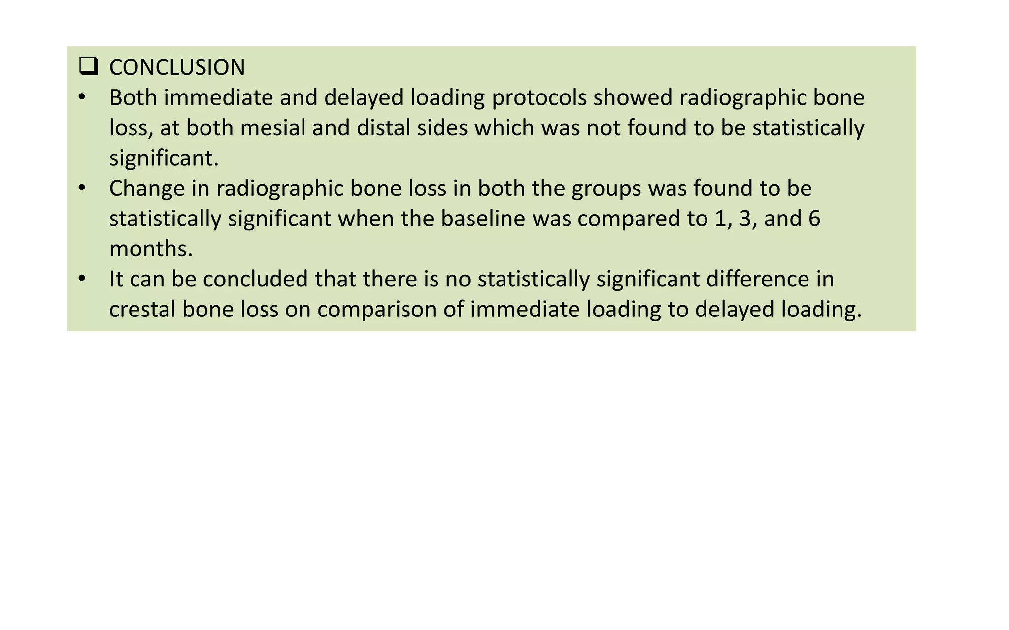  CONCLUSION
• Both immediate and delayed loading protocols showed radiographic bone
loss, at both mesial and distal sides which was not found to be statistically
significant.
• Change in radiographic bone loss in both the groups was found to be
statistically significant when the baseline was compared to 1, 3, and 6
months.
• It can be concluded that there is no statistically significant difference in
crestal bone loss on comparison of immediate loading to delayed loading.
 