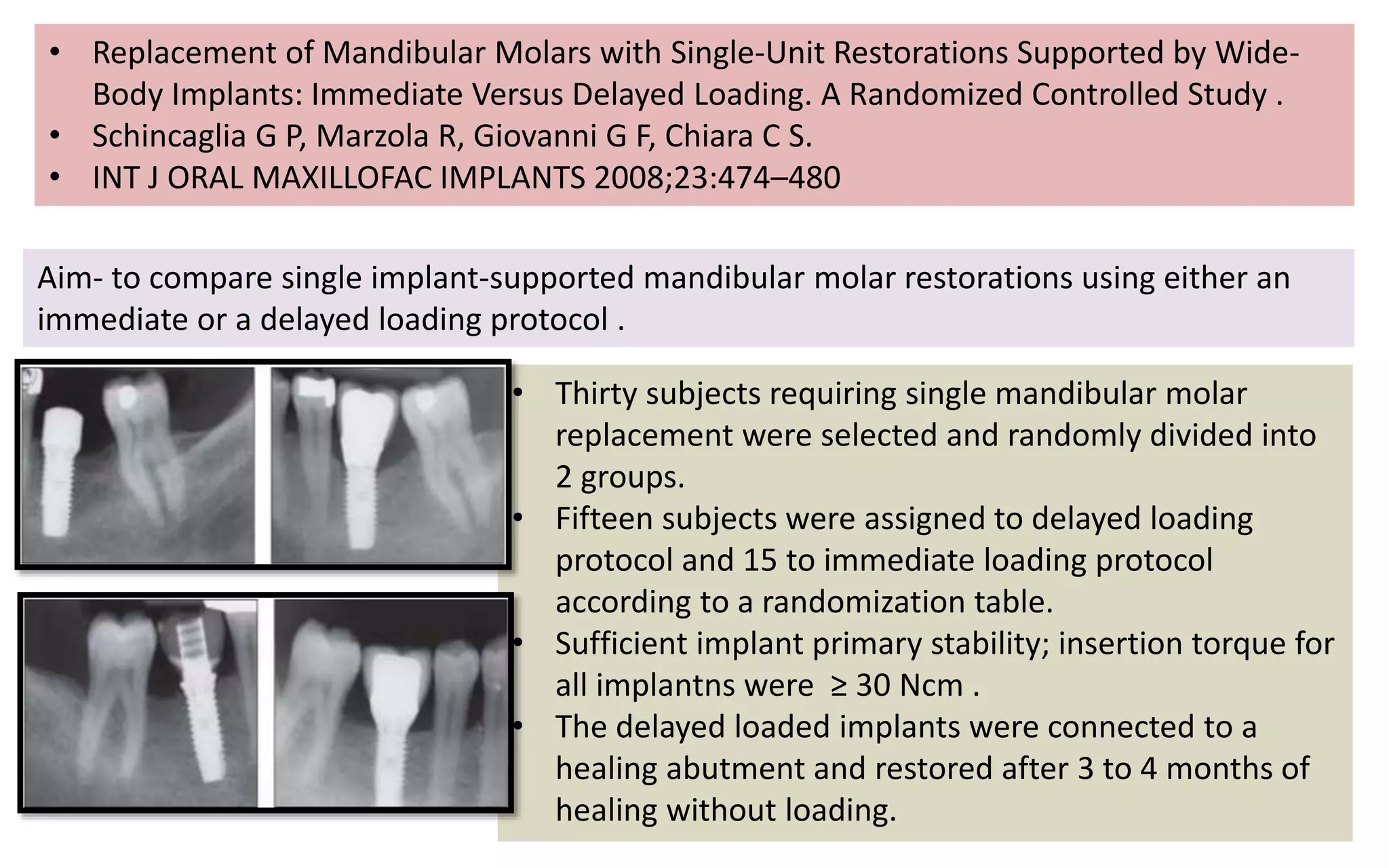 • Replacement of Mandibular Molars with Single-Unit Restorations Supported by Wide-
Body Implants: Immediate Versus Delayed Loading. A Randomized Controlled Study .
• Schincaglia G P, Marzola R, Giovanni G F, Chiara C S.
• INT J ORAL MAXILLOFAC IMPLANTS 2008;23:474–480
Aim- to compare single implant-supported mandibular molar restorations using either an
immediate or a delayed loading protocol .
• Thirty subjects requiring single mandibular molar
replacement were selected and randomly divided into
2 groups.
• Fifteen subjects were assigned to delayed loading
protocol and 15 to immediate loading protocol
according to a randomization table.
• Sufficient implant primary stability; insertion torque for
all implantns were ≥ 30 Ncm .
• The delayed loaded implants were connected to a
healing abutment and restored after 3 to 4 months of
healing without loading.
 