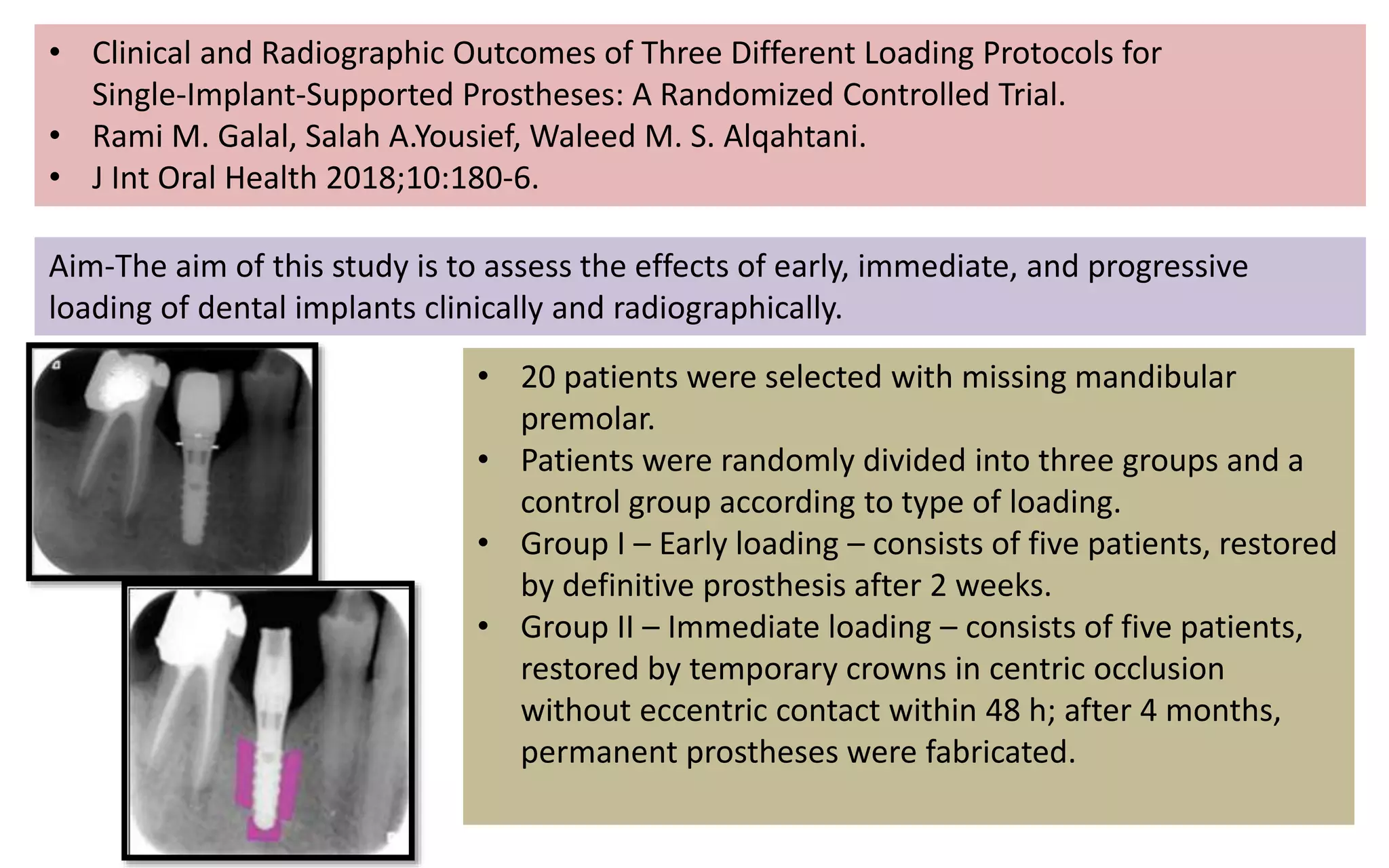 • Clinical and Radiographic Outcomes of Three Different Loading Protocols for
Single-Implant-Supported Prostheses: A Randomized Controlled Trial.
• Rami M. Galal, Salah A.Yousief, Waleed M. S. Alqahtani.
• J Int Oral Health 2018;10:180-6.
Aim-The aim of this study is to assess the effects of early, immediate, and progressive
loading of dental implants clinically and radiographically.
• 20 patients were selected with missing mandibular
premolar.
• Patients were randomly divided into three groups and a
control group according to type of loading.
• Group I – Early loading – consists of five patients, restored
by definitive prosthesis after 2 weeks.
• Group II – Immediate loading – consists of five patients,
restored by temporary crowns in centric occlusion
without eccentric contact within 48 h; after 4 months,
permanent prostheses were fabricated.
 