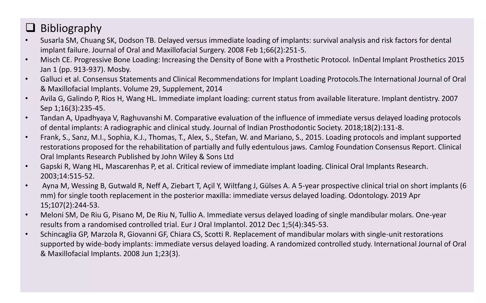  Bibliography
• Susarla SM, Chuang SK, Dodson TB. Delayed versus immediate loading of implants: survival analysis and risk factors for dental
implant failure. Journal of Oral and Maxillofacial Surgery. 2008 Feb 1;66(2):251-5.
• Misch CE. Progressive Bone Loading: Increasing the Density of Bone with a Prosthetic Protocol. InDental Implant Prosthetics 2015
Jan 1 (pp. 913-937). Mosby.
• Galluci et al. Consensus Statements and Clinical Recommendations for Implant Loading Protocols.The International Journal of Oral
& Maxillofacial Implants. Volume 29, Supplement, 2014
• Avila G, Galindo P, Rios H, Wang HL. Immediate implant loading: current status from available literature. Implant dentistry. 2007
Sep 1;16(3):235-45.
• Tandan A, Upadhyaya V, Raghuvanshi M. Comparative evaluation of the influence of immediate versus delayed loading protocols
of dental implants: A radiographic and clinical study. Journal of Indian Prosthodontic Society. 2018;18(2):131-8.
• Frank, S., Sanz, M.I., Sophia, K.J., Thomas, T., Alex, S., Stefan, W. and Mariano, S., 2015. Loading protocols and implant supported
restorations proposed for the rehabilitation of partially and fully edentulous jaws. Camlog Foundation Consensus Report. Clinical
Oral Implants Research Published by John Wiley & Sons Ltd
• Gapski R, Wang HL, Mascarenhas P, et al. Critical review of immediate implant loading. Clinical Oral Implants Research.
2003;14:515-52.
• Ayna M, Wessing B, Gutwald R, Neff A, Ziebart T, Açil Y, Wiltfang J, Gülses A. A 5-year prospective clinical trial on short implants (6
mm) for single tooth replacement in the posterior maxilla: immediate versus delayed loading. Odontology. 2019 Apr
15;107(2):244-53.
• Meloni SM, De Riu G, Pisano M, De Riu N, Tullio A. Immediate versus delayed loading of single mandibular molars. One-year
results from a randomised controlled trial. Eur J Oral Implantol. 2012 Dec 1;5(4):345-53.
• Schincaglia GP, Marzola R, Giovanni GF, Chiara CS, Scotti R. Replacement of mandibular molars with single-unit restorations
supported by wide-body implants: immediate versus delayed loading. A randomized controlled study. International Journal of Oral
& Maxillofacial Implants. 2008 Jun 1;23(3).
 