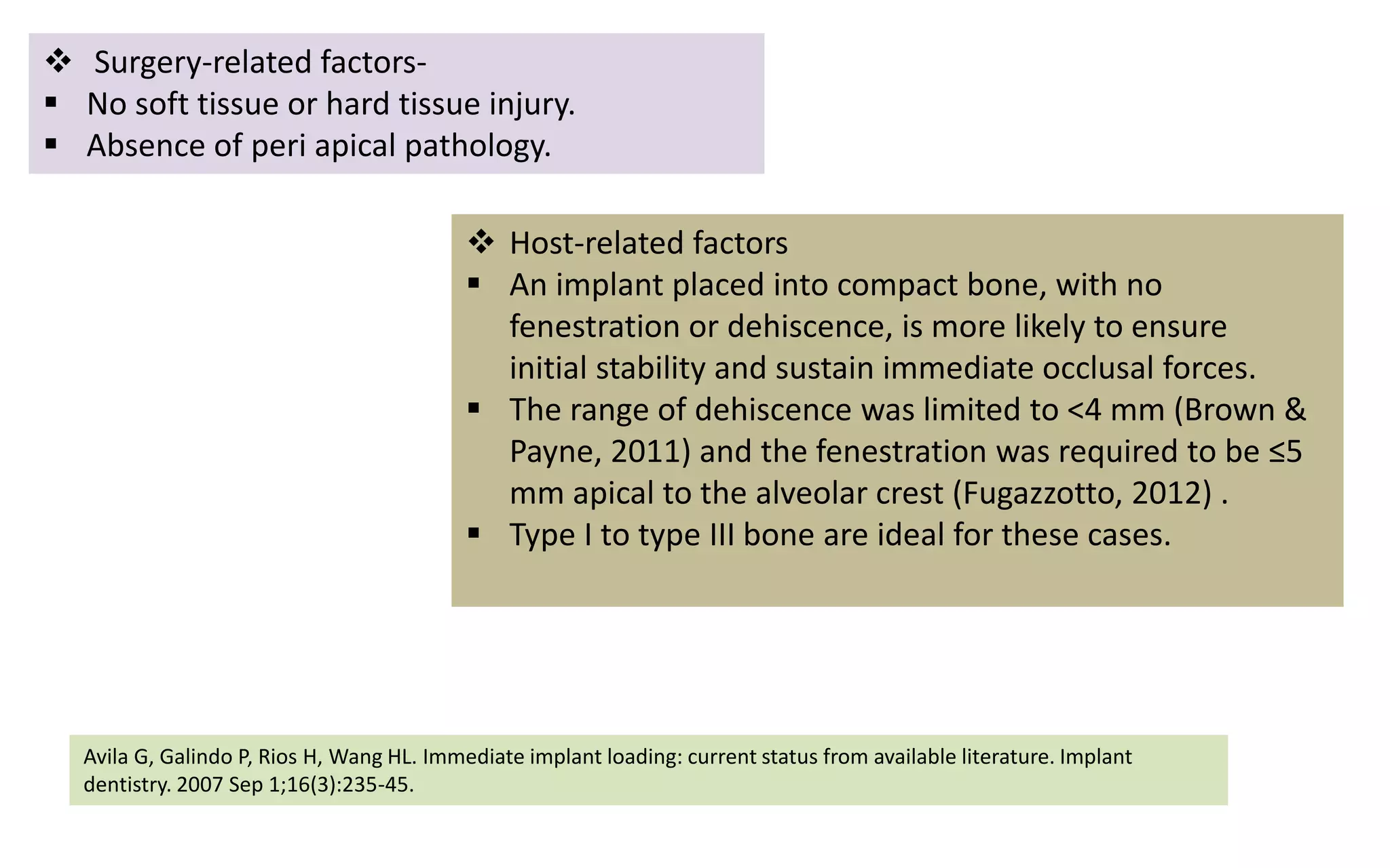  Surgery-related factors-
 No soft tissue or hard tissue injury.
 Absence of peri apical pathology.
 Host-related factors
 An implant placed into compact bone, with no
fenestration or dehiscence, is more likely to ensure
initial stability and sustain immediate occlusal forces.
 The range of dehiscence was limited to <4 mm (Brown &
Payne, 2011) and the fenestration was required to be ≤5
mm apical to the alveolar crest (Fugazzotto, 2012) .
 Type I to type III bone are ideal for these cases.
Avila G, Galindo P, Rios H, Wang HL. Immediate implant loading: current status from available literature. Implant
dentistry. 2007 Sep 1;16(3):235-45.
 