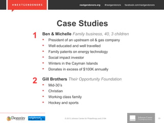 nextgendonors.org #nextgendonors facebook.com/nextgendonors
© 2013 Johnson Center for Philanthropy and 21/64 33
Case Studies
Ben & Michelle Family business, 40, 3 children
 President of an upstream oil & gas company
 Well educated and well travelled
 Family patents on energy technology
 Social impact investor
 Winters in the Cayman Islands
 Donates in excess of $100K annually
1
Gill Brothers Their Opportunity Foundation
 Mid-30’s
 Christian
 Working class family
 Hockey and sports
2
 