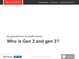 nextgendonors.org #nextgendonors facebook.com/nextgendonors
© 2013 Johnson Center for Philanthropy and 21/64 3
Who is Gen 2 and gen 3?
By generations or by wealth transfer…
 