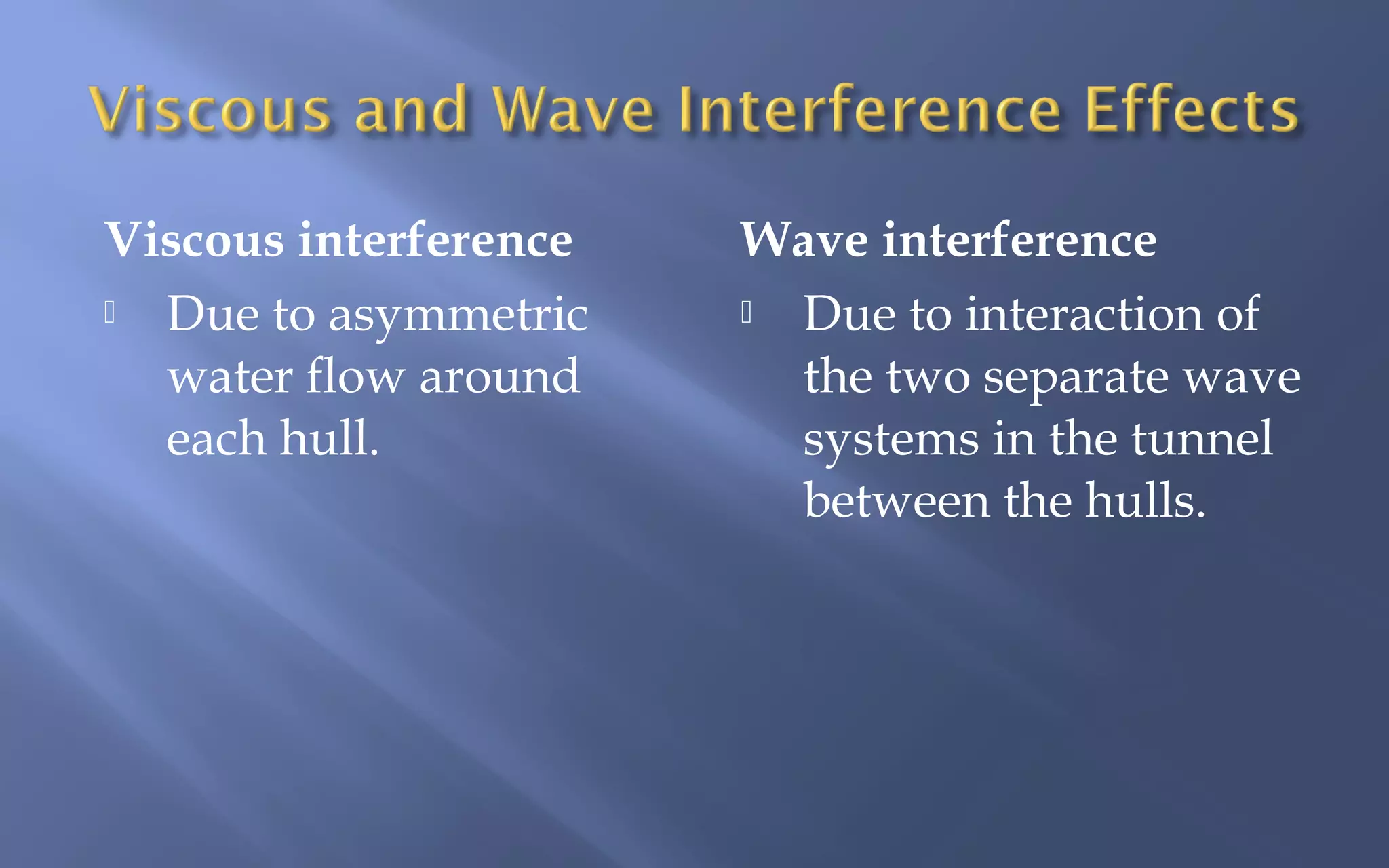 Viscous interference

Due to asymmetric
water flow around
each hull.

Wave interference

Due to interaction of
the two separate wave
systems in the tunnel
between the hulls.

 