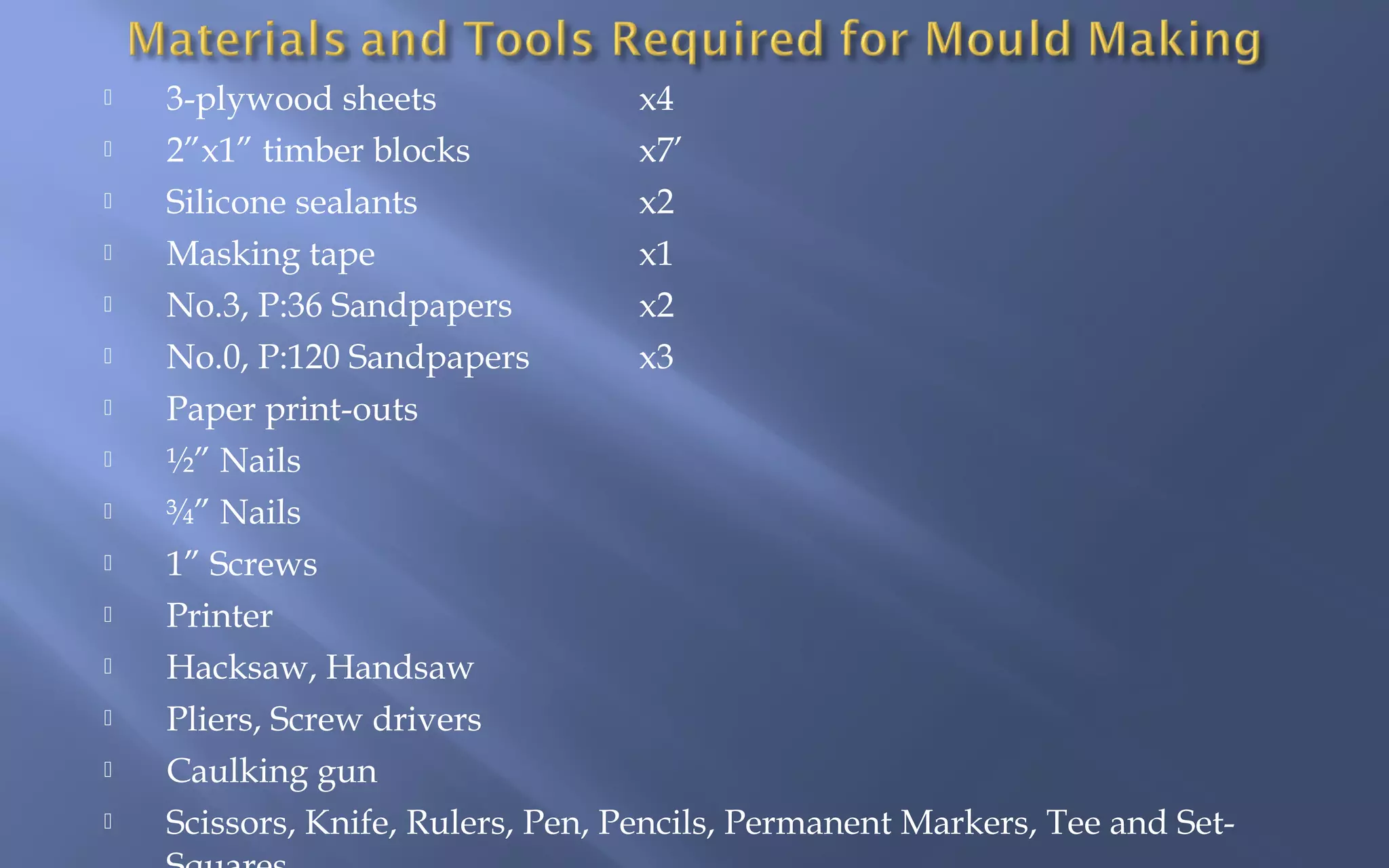 















3-plywood sheets
x4
2”x1” timber blocks
x7’
Silicone sealants
x2
Masking tape
x1
No.3, P:36 Sandpapers
x2
No.0, P:120 Sandpapers
x3
Paper print-outs
½” Nails
¾” Nails
1” Screws
Printer
Hacksaw, Handsaw
Pliers, Screw drivers
Caulking gun
Scissors, Knife, Rulers, Pen, Pencils, Permanent Markers, Tee and Set-

 