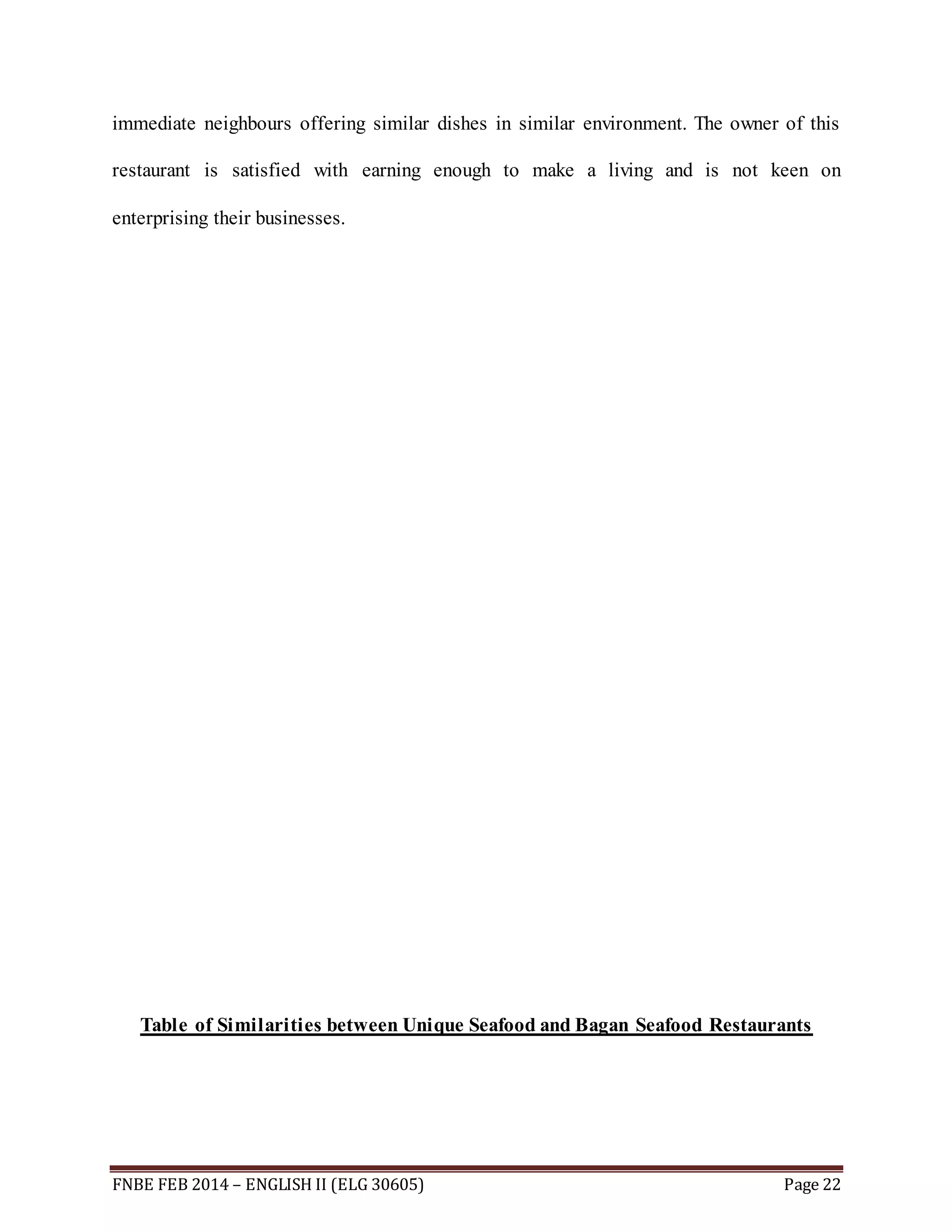 immediate neighbours offering similar dishes in similar environment. The owner of this 
restaurant is satisfied with earning enough to make a living and is not keen on 
enterprising their businesses. 
Table of Similarities between Unique Seafood and Bagan Seafood Restaurants 
FNBE FEB 2014 – ENGLISH II (ELG 30605) Page 22 
 