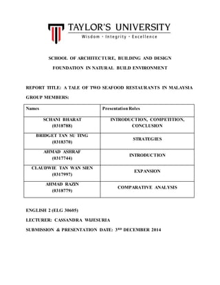 d 
, 
SCHOOL OF ARCHITECTURE, BUILDING AND DESIGN 
FOUNDATION IN NATURAL BUILD ENVIRONMENT 
REPORT TITLE: A TALE OF TWO SEAFOOD RESTAURANTS IN MALAYSIA 
GROUP MEMBERS: 
Names Presentation Roles 
SCHANI BHARAT 
(0318788) 
INTRODUCTION, COMPETITION, 
CONCLUSION 
BRIDGET TAN SU TING 
(0318370) 
STRATEGIES 
AHMAD ASHRAF 
(0317744) 
INTRODUCTION 
CLAUDWIE TAN WAN SIEN 
(0317997) 
EXPANSION 
AHMAD RAZIN 
(0318779) 
COMPARATIVE ANALYSIS 
ENGLISH 2 (ELG 30605) 
LECTURER: CASSANDRA WIJESURIA 
SUBMISSION & PRESENTATION DATE: 3RD DECEMBER 2014 
 