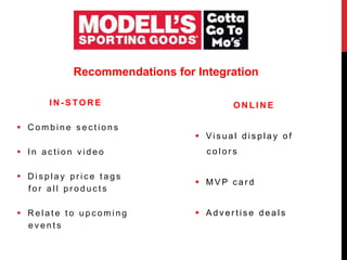 I N - S TO R E
 C o m b i n e s e c t i o n s
 I n a c t i o n v i d e o
 D i s p l a y p r i c e t a g s
f o r a l l p r o d u c t s
 R e l a t e t o u p c o m i n g
e v e n t s
O N L I N E
 Vi s u a l d i s p l a y o f
c o l o r s
 M V P c a r d
 A d v e r t i s e d e a l s
Recommendations for Integration
 