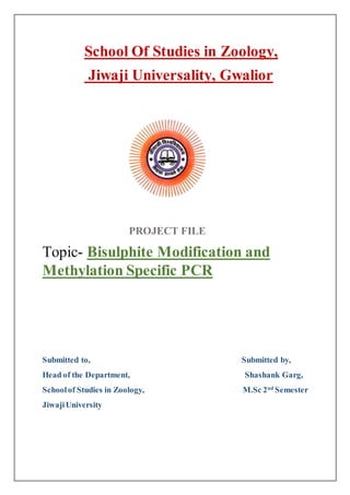 School Of Studies in Zoology,
Jiwaji Universality, Gwalior
PROJECT FILE
Topic- Bisulphite Modification and
Methylation Specific PCR
Submitted to, Submitted by,
Head of the Department, Shashank Garg,
Schoolof Studies in Zoology, M.Sc 2nd
Semester
JiwajiUniversity
 